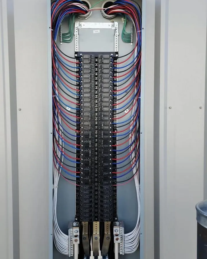 Tall commercial panelboard with neatly trained wiring