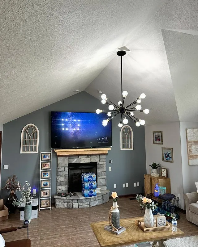 Sputnik chandelier in a vaulted living room