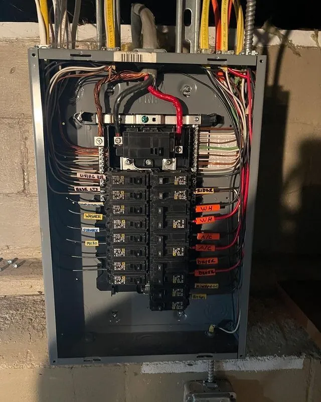 Panel with labeled breakers and color-tagged conductors