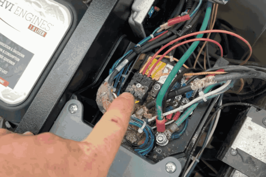 A hand with a small cut points at a muddy, exposed electrical circuit board with various colored wires connected—highlighting the need for professional electrical repair or an Electrician Service in Angola.