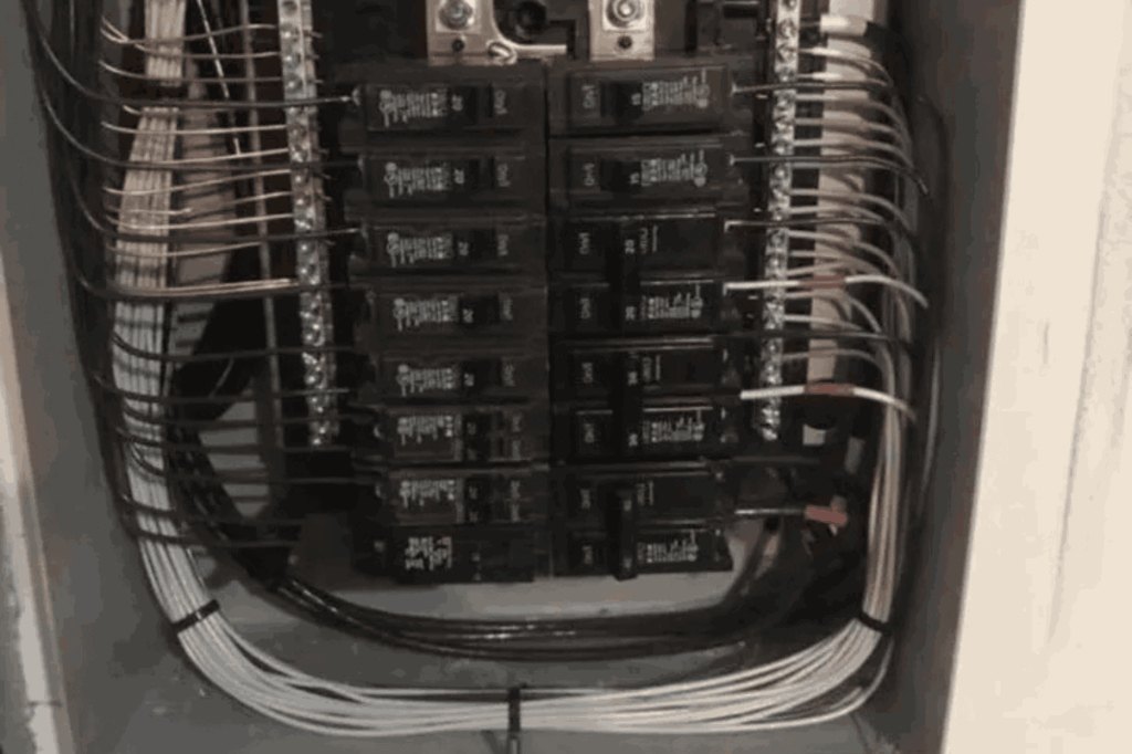An electrical panel with neatly arranged wires and multiple circuit breakers inside a metal enclosure, showcasing the quality work of a professional electrical contractor.