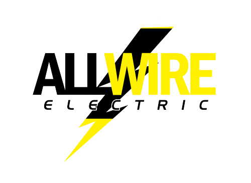 Logo for All Wire Electric, featuring bold yellow text "WIRE" over a black and yellow lightning bolt, with "ALL" and "ELECTRIC" in white.
