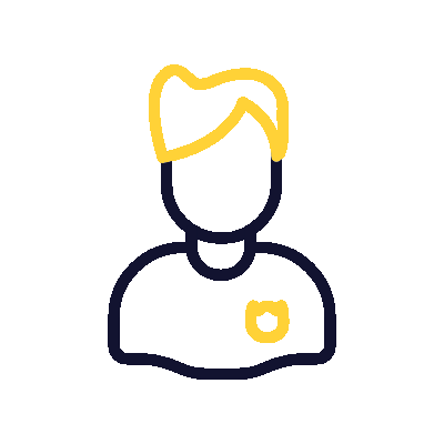 Outline icon of a person with a badge on their chest, suggesting a police officer or security personnel, drawn in yellow and dark blue lines on a transparent background.