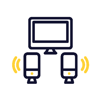 Outline of a computer monitor connected to two speakers emitting sound waves, depicted with simple black and yellow lines.