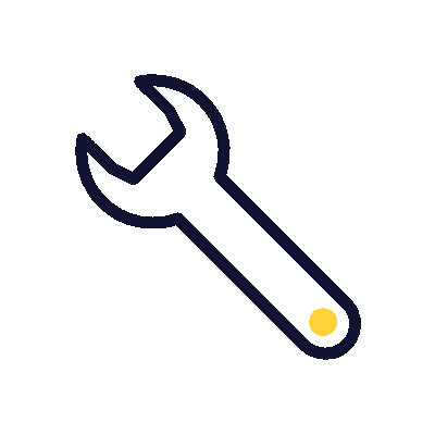 Simple black wrench icon with an open end and a small yellow dot near the handle's base, on a transparent background.