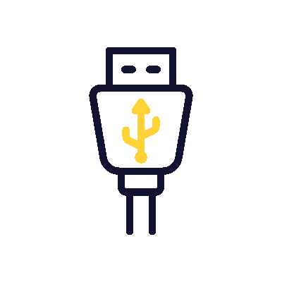 Simple illustration of a USB cable with a yellow USB symbol on the connector, outlined in dark blue on a transparent background.