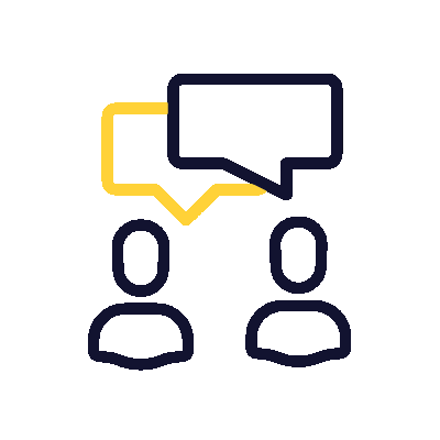 Two outlined human figures with overlapping speech bubbles above them, one yellow and one black, representing communication or conversation.