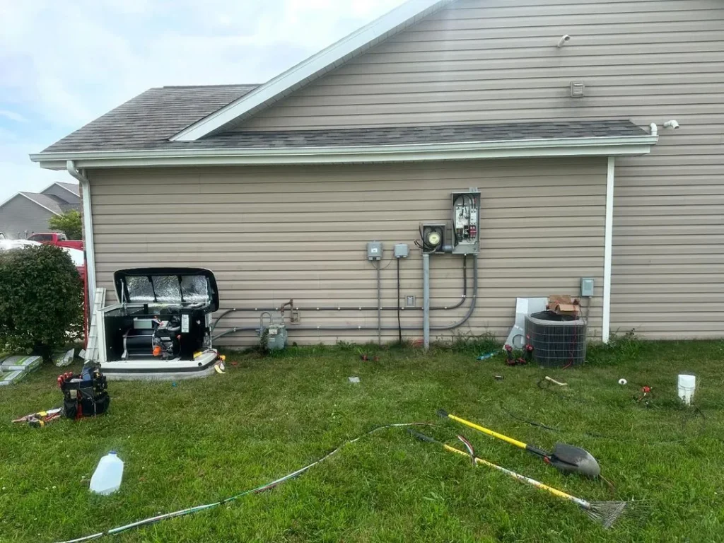 Yard beside a house with exposed utility panels, air conditioning unit, tools, and equipment scattered on the grass during maintenance work.