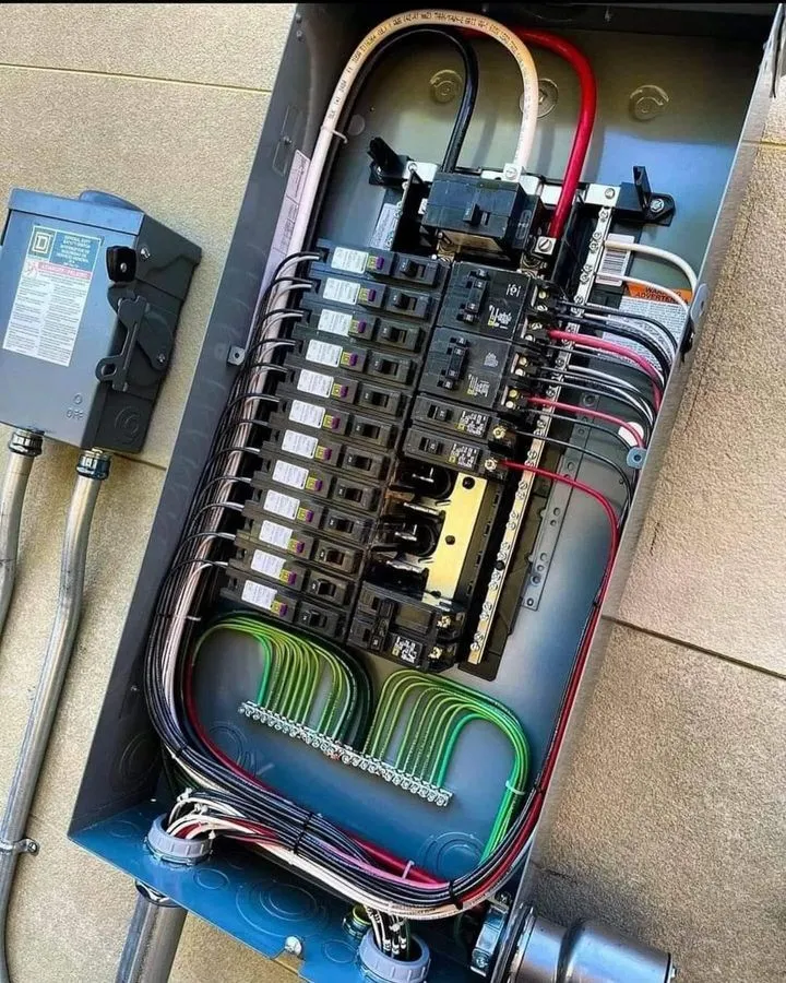 A neatly organized electrical panel with labeled circuit breakers and color-coded wiring secured in place.