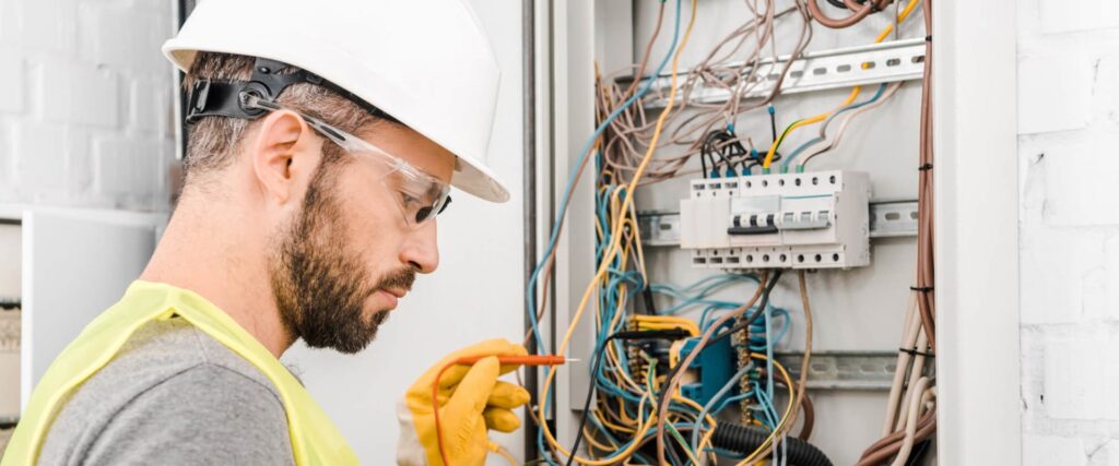 Man wearing safety gear inspects and works on electrical wires in an open electrical panel, showcasing expert Electrical Repair and professional electrician services in Huntertown.