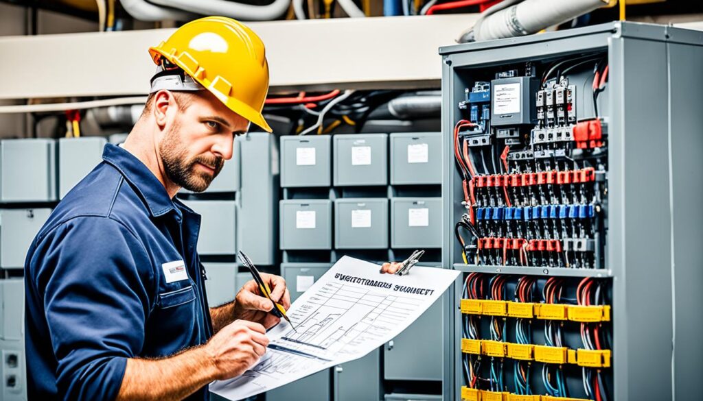 An electrician wearing a yellow hard hat inspects and takes notes on a checklist beside an open electrical panel with various wires and circuit breakers, ensuring top-quality electrical services.