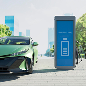 A green electric car is parked next to a charging station displaying a battery icon and the words "Electric Vehicle Charging" on its screen, showcasing About All Wire Electric’s commitment to sustainable energy solutions.