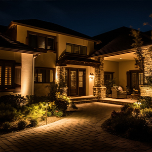 Two-story suburban house with illuminated porch and landscaped front yard at night. Warm exterior lights by About All Wire Electric highlight the entryway and stone accents.