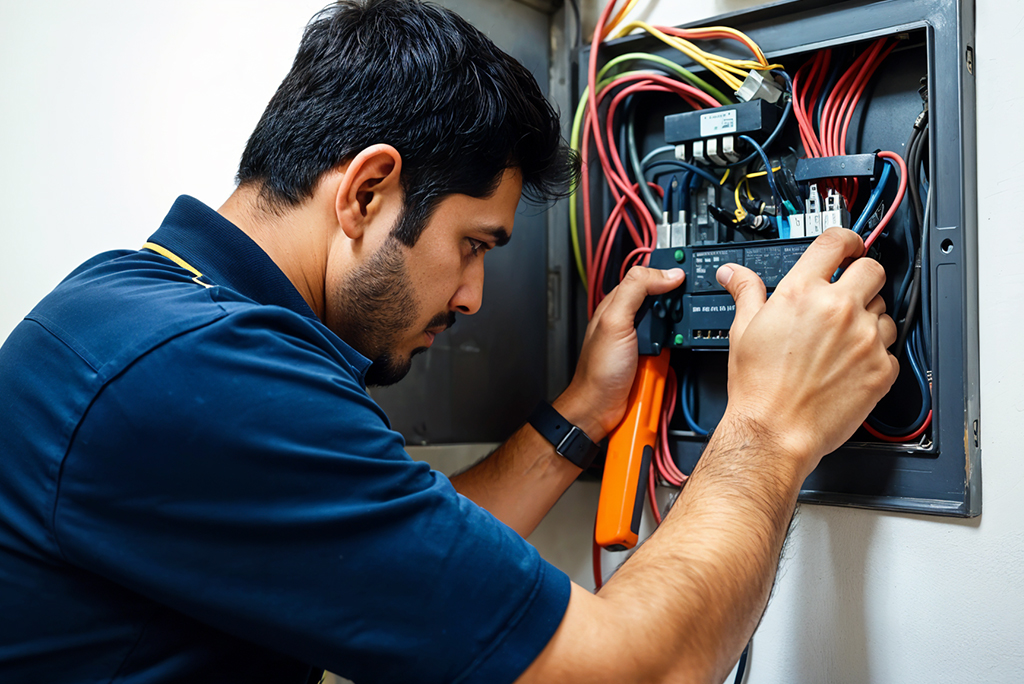A man wearing a navy shirt works on an open electrical panel with exposed wires, using tools to inspect or repair the components inside—a typical scene for professional Electrician Services in Coldwater.