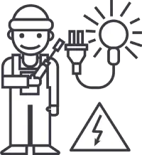 Line drawing of an electrician holding tools, with an electrical plug, a lit bulb, and a high voltage warning sign nearby—ideal for showcasing electrician services in Angola or promoting professional electrical repair.