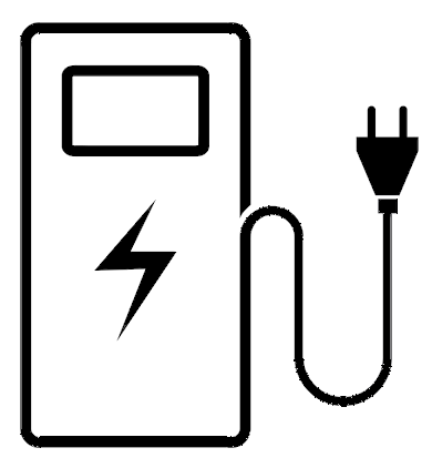 Black and white icon of an electric vehicle charging station with a plug and lightning bolt—ideal for businesses offering electrical services or promoting their Electrician Service in Angola.