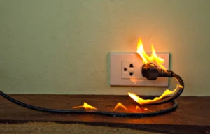 An electrical plug and cord plugged into a wall outlet are on fire, showing visible flames along the cord and near the socket—a clear reminder of the importance of electrical safety devices like GFCI and AFCI outlets.